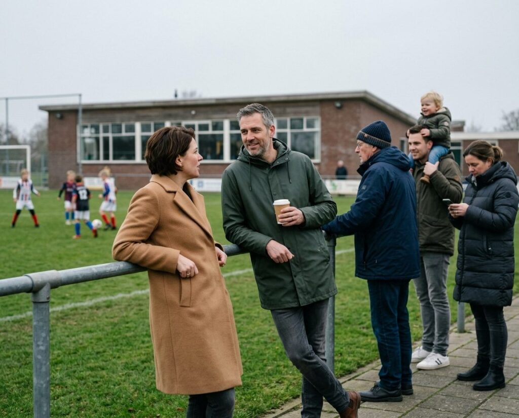 Gescheiden ouders praten ontspannen met elkaar langs het voetbalveld tijdens de wedstrijd van hun kind