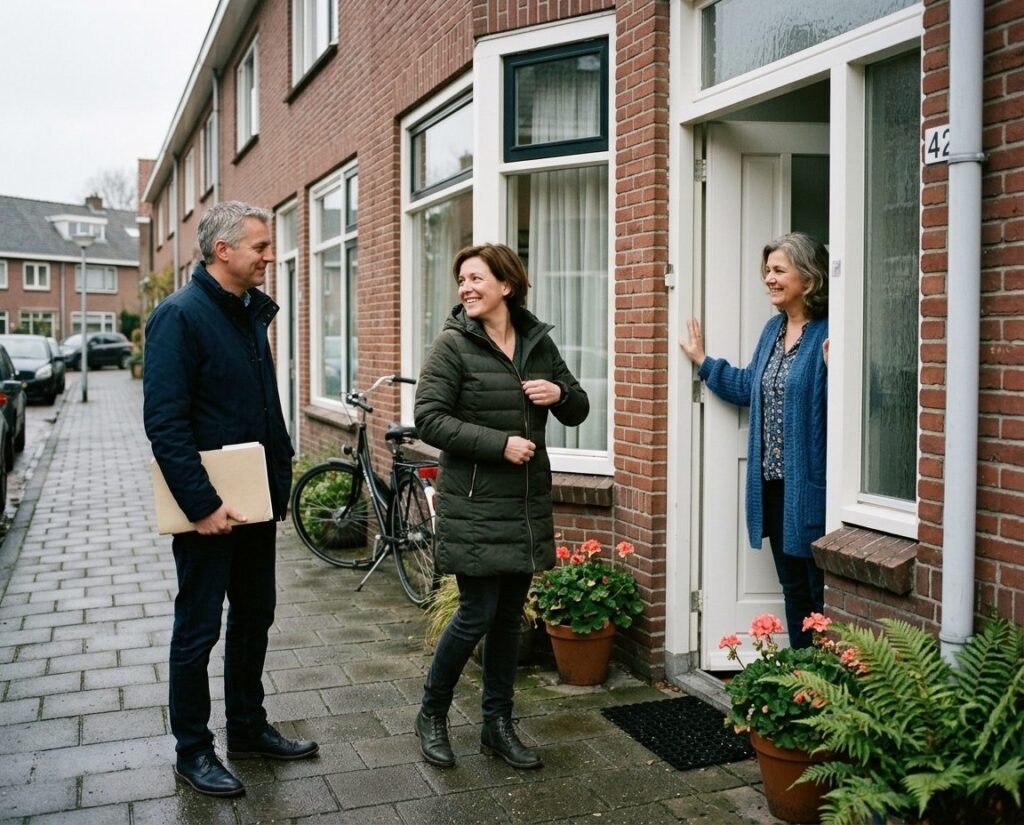 Een stel neemt na het gesprek afscheid van hun scheidingsmediator bij de voordeur